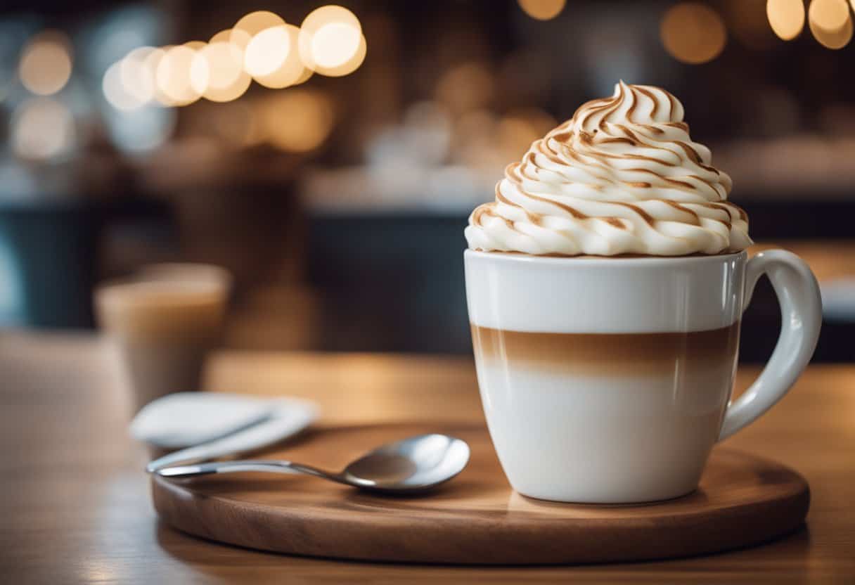 A white ceramic mug filled with frothy cappuccino topped with a swirl of white chocolate, surrounded by a cozy coffee shop ambiance