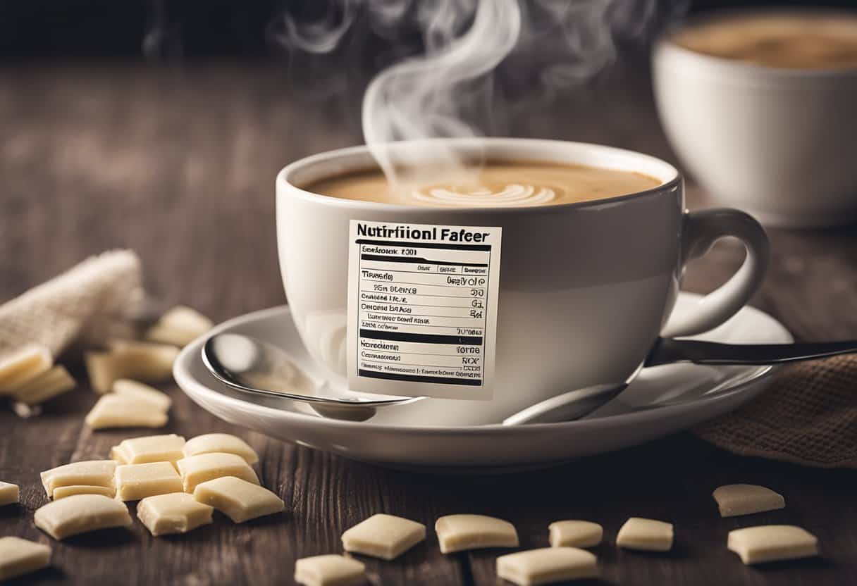 A steaming cup of French vanilla cappuccino with a label displaying "Nutritional Information" in bold letters