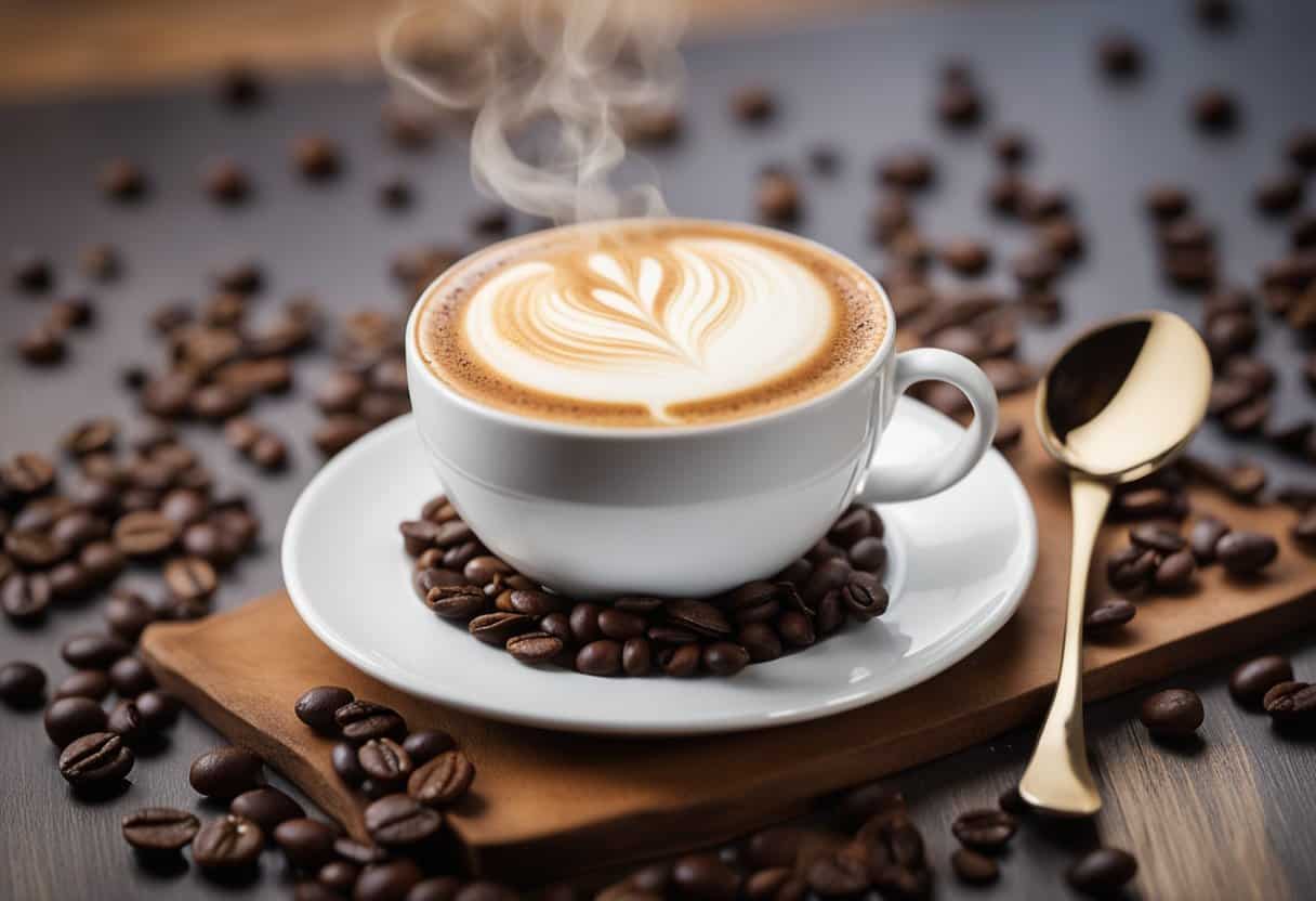 A steaming cup of French vanilla cappuccino sits on a table, surrounded by scattered coffee beans and a decorative spoon