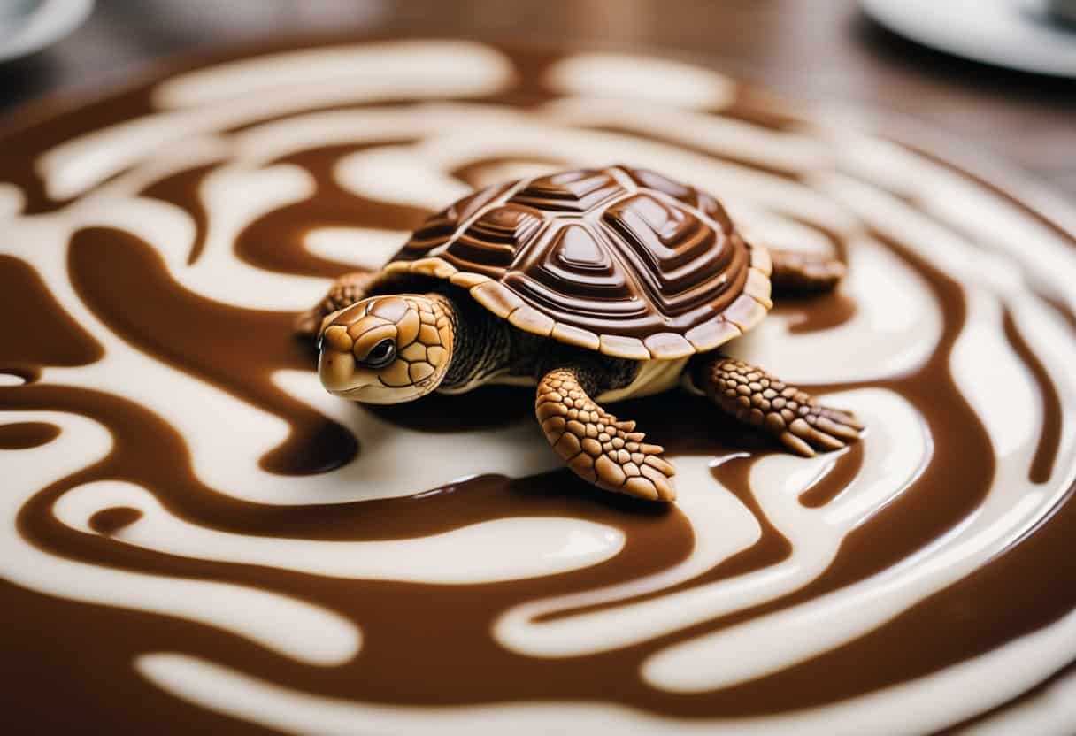 A turtle-shaped cappuccino blast sits on a table, surrounded by swirls of whipped cream and chocolate drizzle