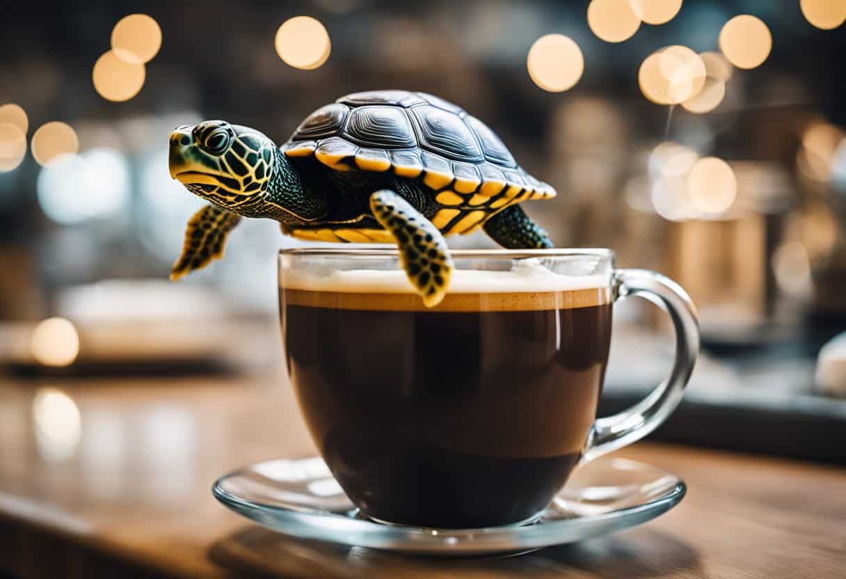 A turtle-shaped foam art is being carefully crafted on top of a cappuccino blast in a clear glass mug
