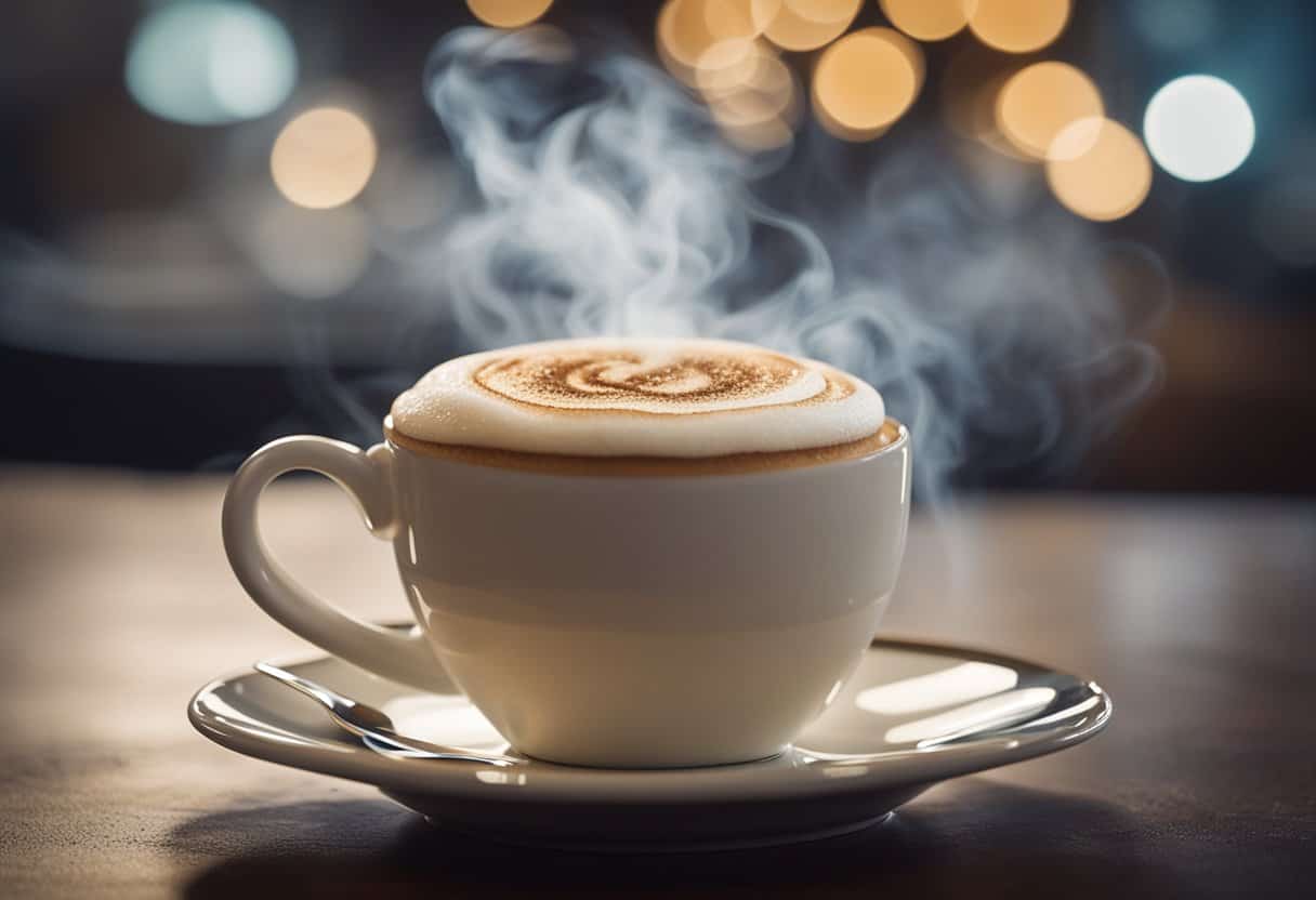 A steaming cup of sugar-free French vanilla cappuccino sits on a saucer, surrounded by swirling wisps of steam and the aroma of freshly brewed coffee