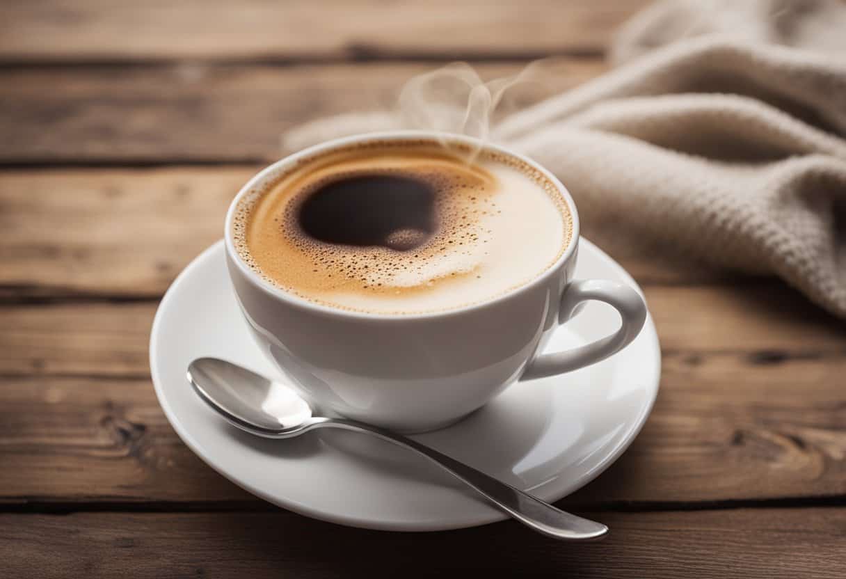 A steaming cup of sugar-free French vanilla cappuccino sits on a rustic wooden table, surrounded by frothy milk and the aroma of freshly brewed coffee