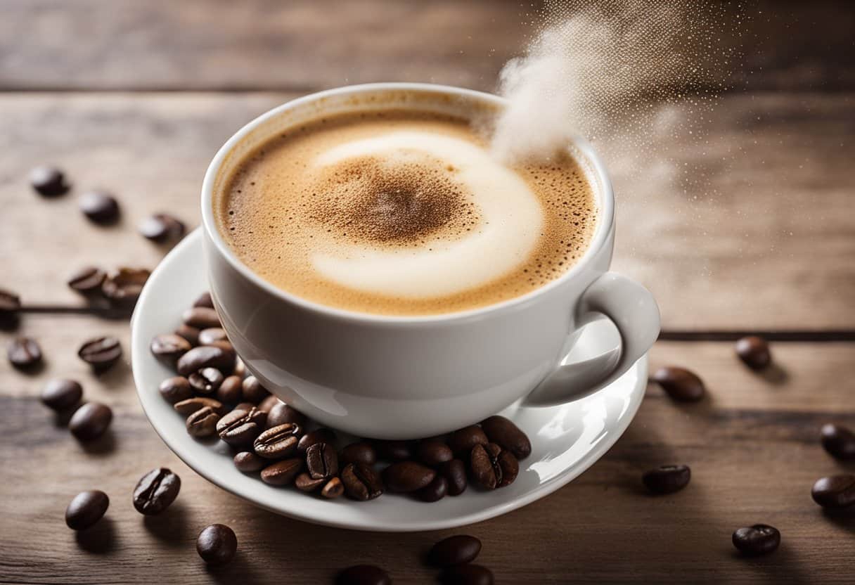 A steaming mug of sugar-free French vanilla cappuccino sits on a rustic wooden table, surrounded by scattered coffee beans and a frothy foam topping