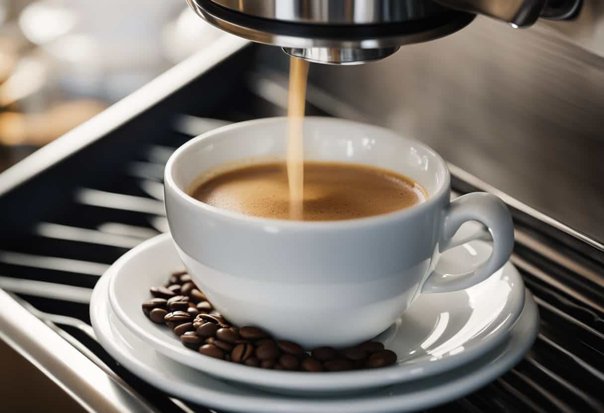 Steaming milk pours into espresso, creating a frothy layer in a cappuccino cup. Coffee beans and a coffee machine are visible in the background