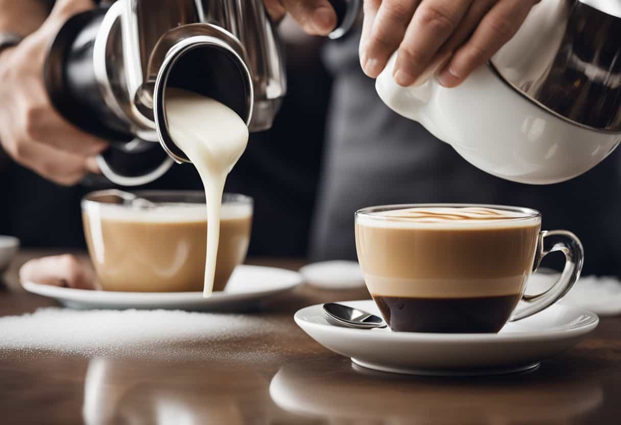 A barista pours steamed milk into a cup of espresso, adding a swirl of vanilla syrup. The creamy foam forms a perfect peak on top