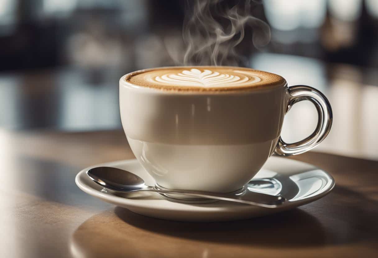 A tall cappuccino sits on a saucer, steam rising from the creamy surface, with a nutritional profile chart in the background