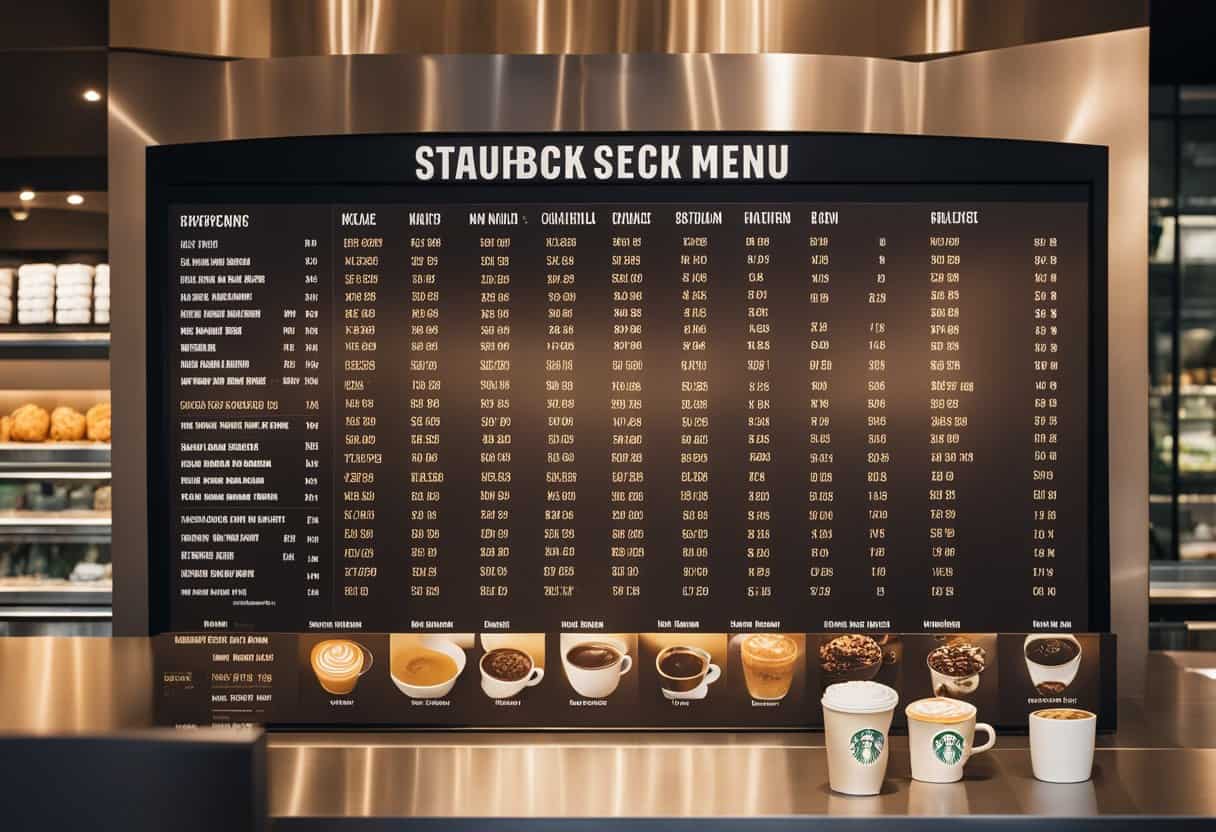 A Starbucks menu board displays various options including tall cappuccino with calorie information