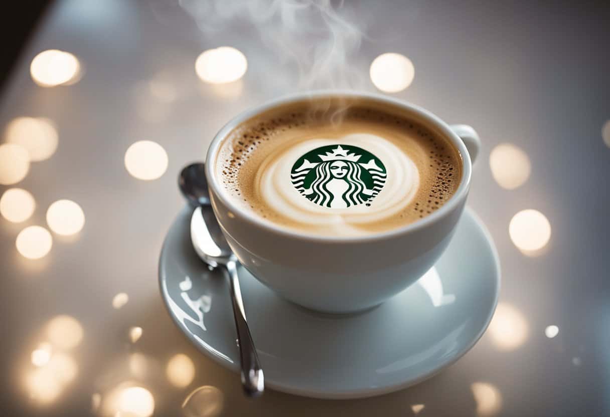 A steaming cup of Starbucks French vanilla cappuccino with milk and foam