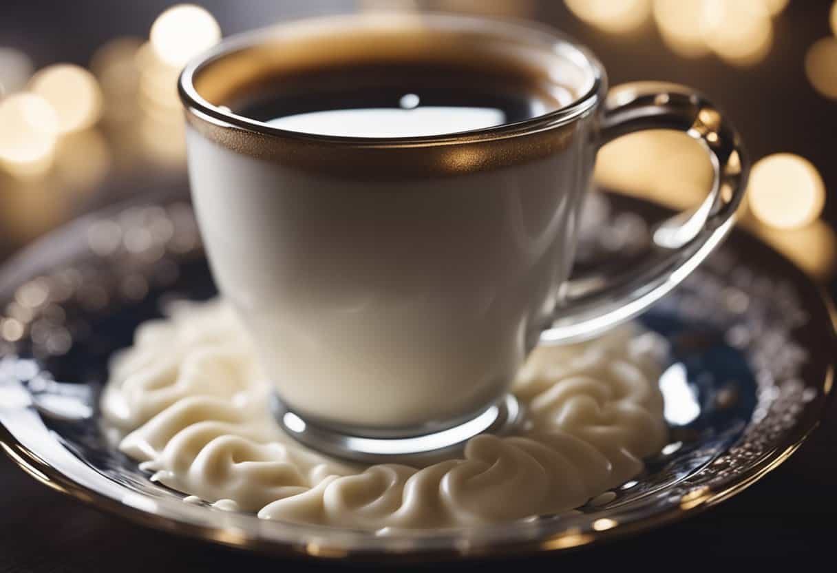 Steam froths milk, espresso brews, vanilla syrup swirls in a cup