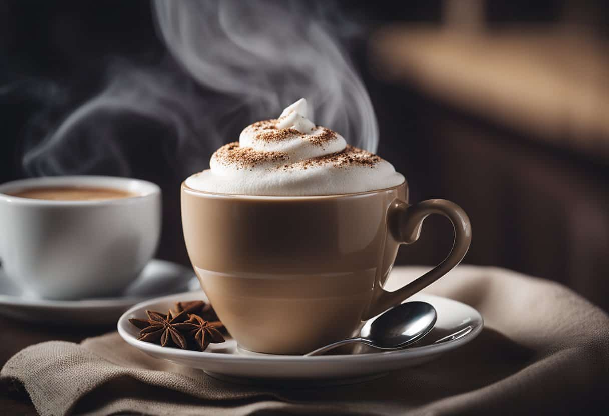 A steaming cappuccino sits on a saucer, with frothy milk and a sprinkle of cocoa powder on top