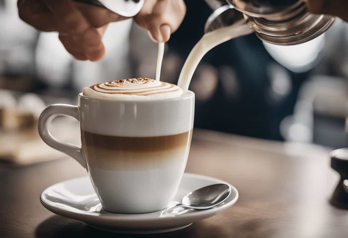 A barista pours steamed milk into espresso, creating a frothy cappuccino in a white ceramic cup