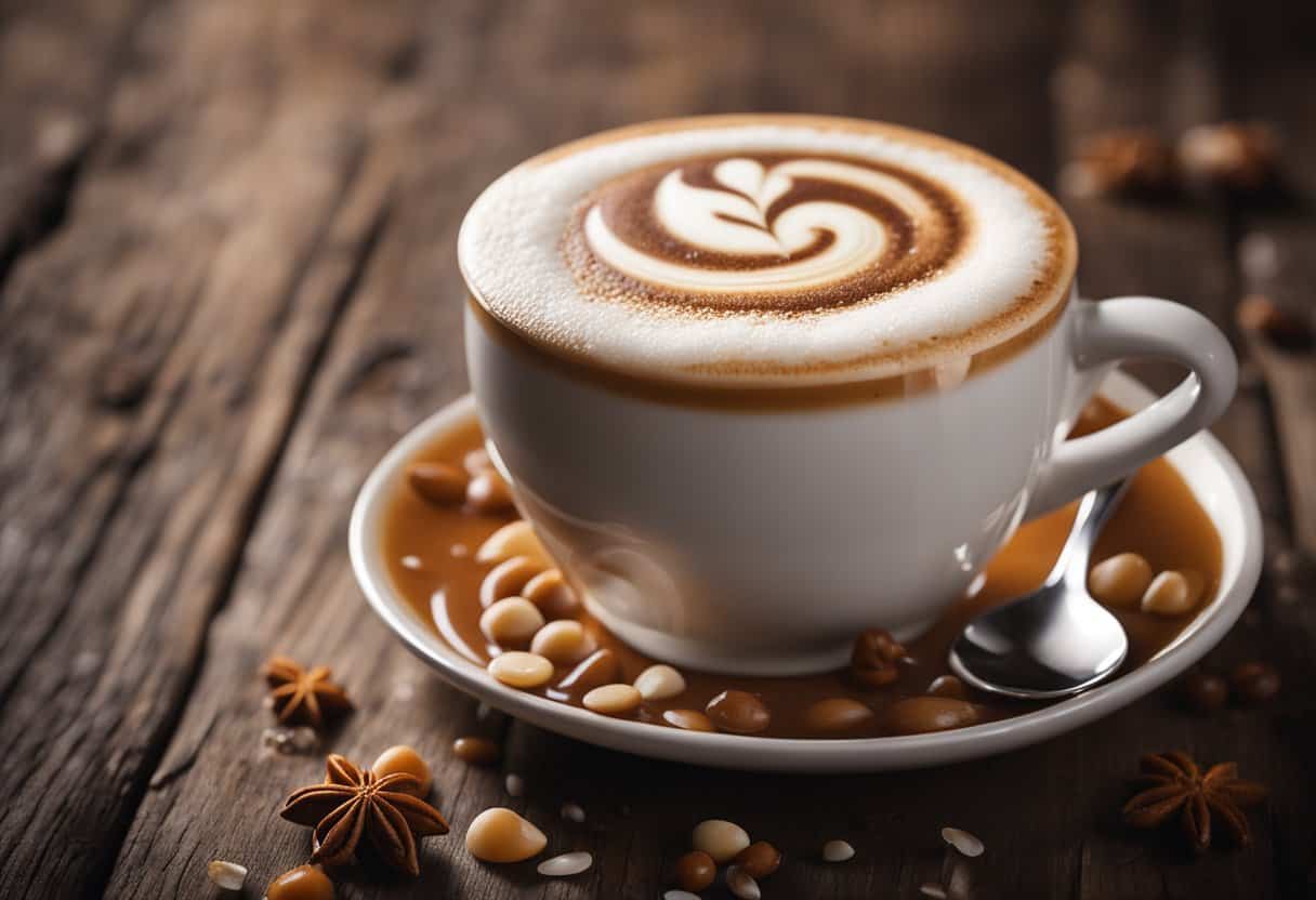 A steaming cappuccino sits on a rustic wooden table, adorned with a swirl of salted caramel and a sprinkle of sea salt