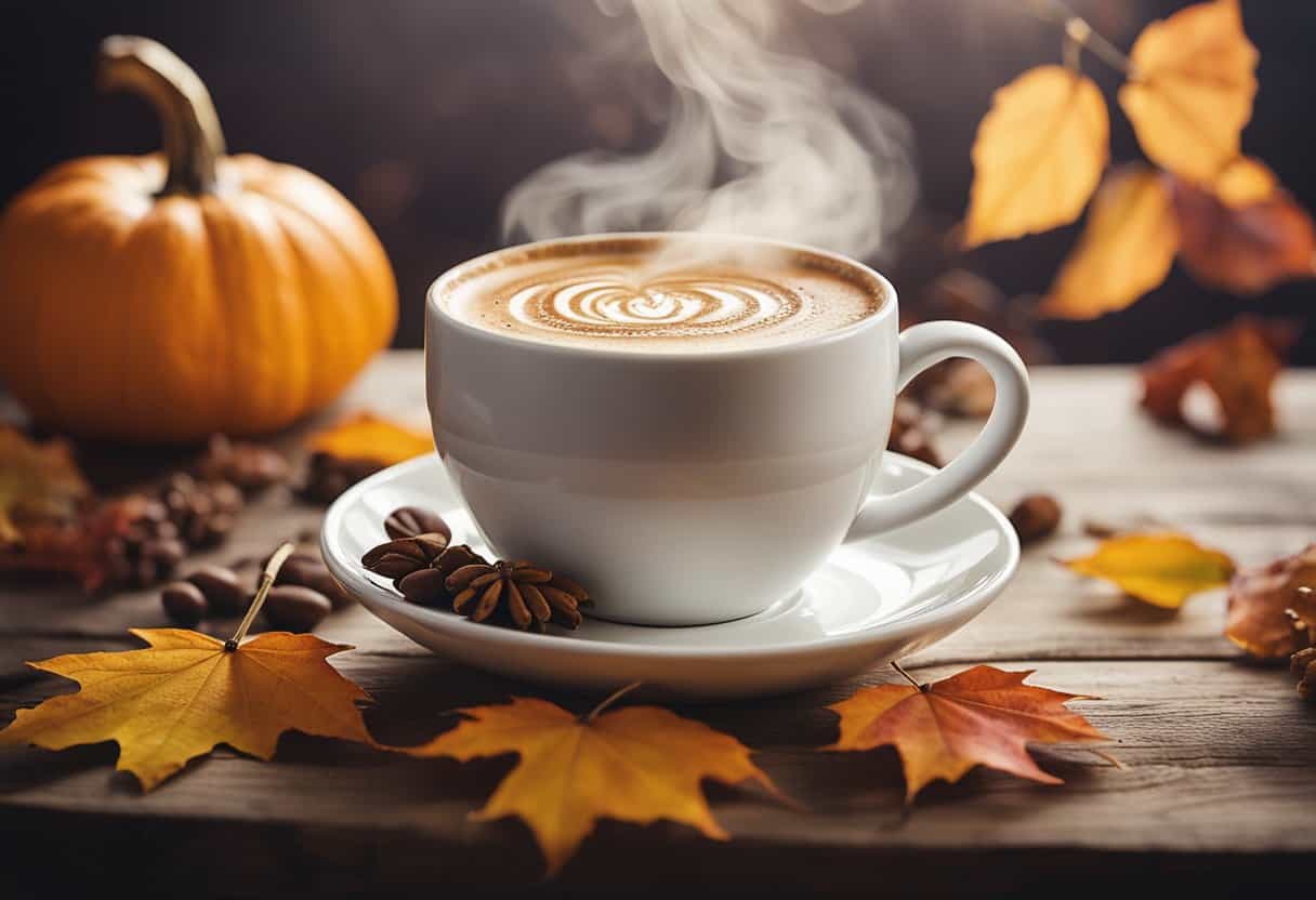 A steaming cup of pumpkin cappuccino sits on a rustic wooden table, surrounded by colorful autumn leaves and a warm, cozy atmosphere