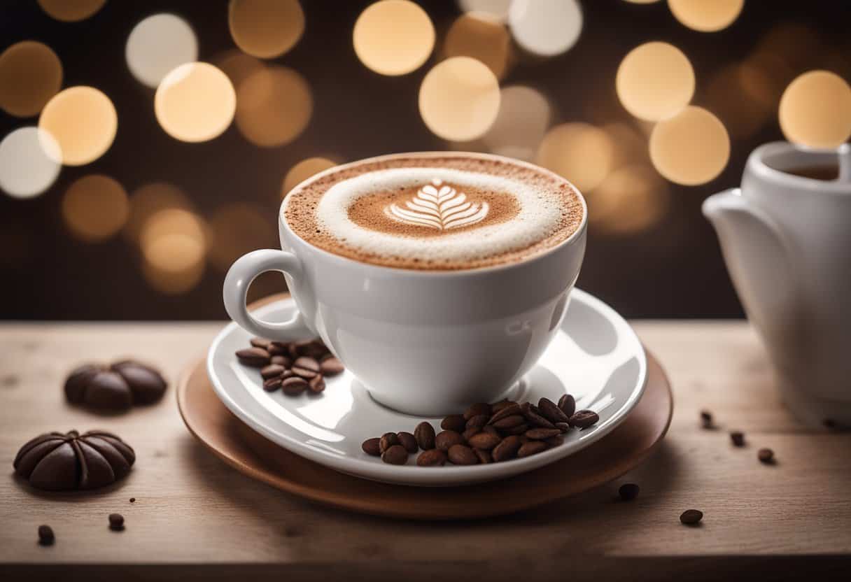 A cappuccino sits on a saucer, with frothy milk and a sprinkle of cocoa powder on top