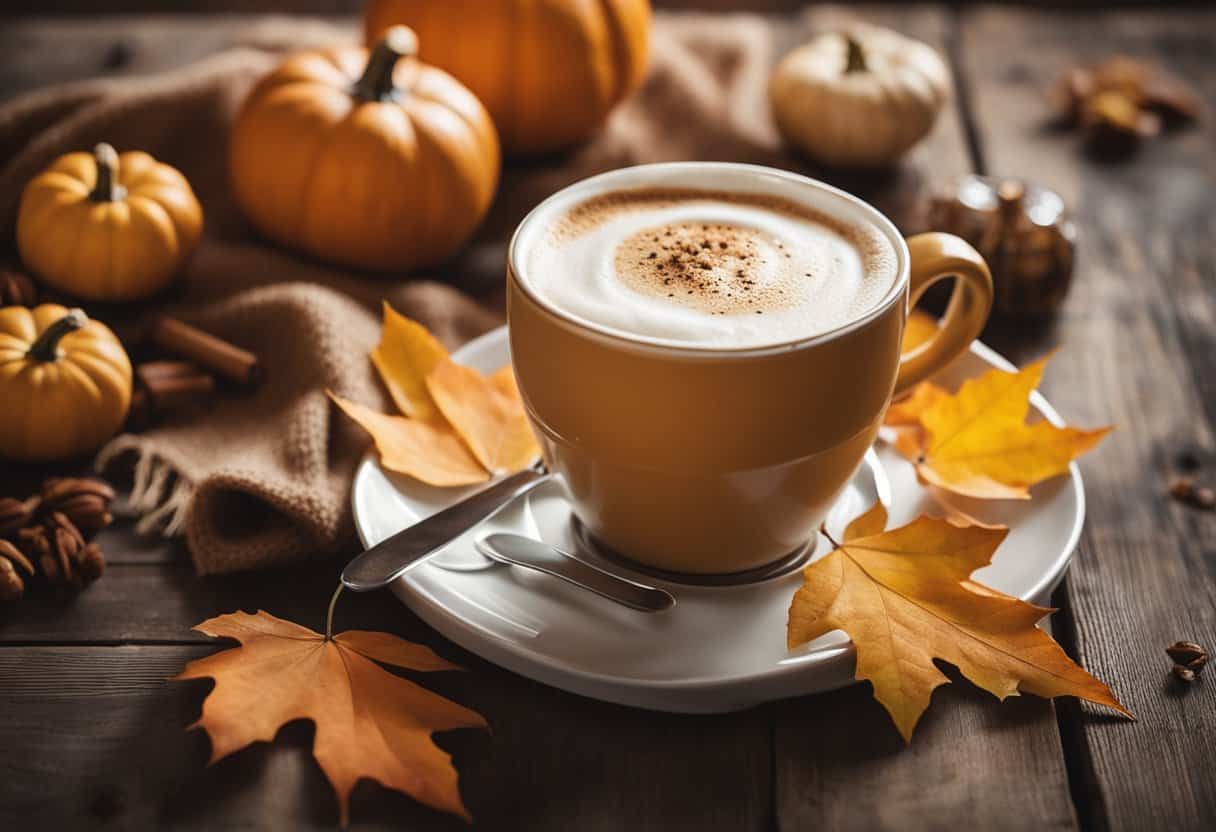 A steaming pumpkin cappuccino sits on a rustic wooden table, surrounded by autumn leaves and a cozy scarf. A warm and inviting atmosphere is suggested by the soft lighting and comforting colors