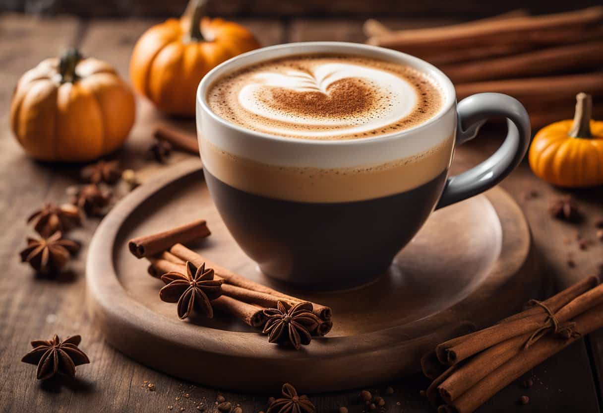 A steaming cup of pumpkin cappuccino sits on a rustic wooden table, surrounded by cinnamon sticks and a sprinkle of nutmeg