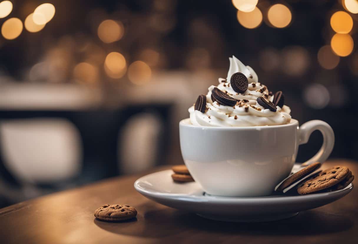 A steaming cup of Oreo cappuccino sits on a saucer, adorned with whipped cream and crushed cookie pieces, surrounded by a cozy cafe atmosphere