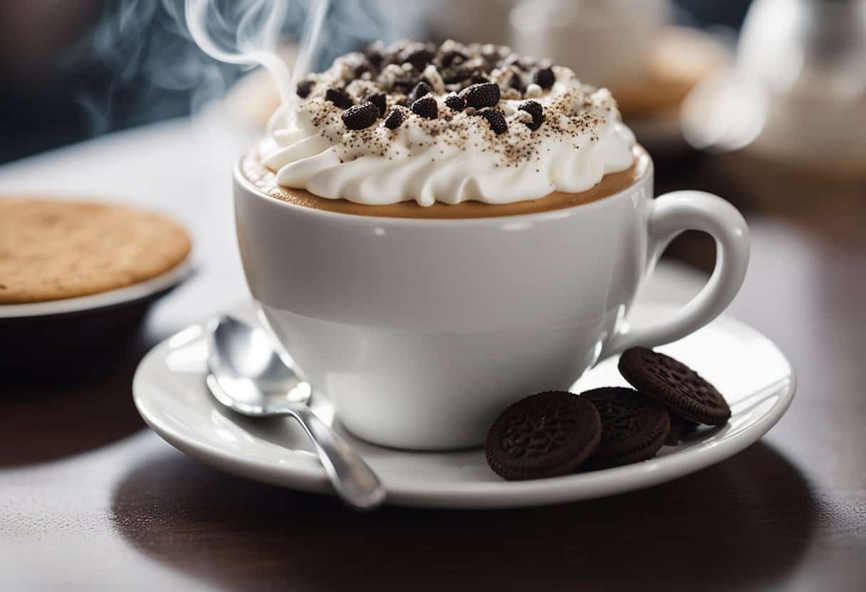 A steaming cappuccino sits on a table, topped with a dollop of whipped cream and a sprinkling of crushed Oreo cookies