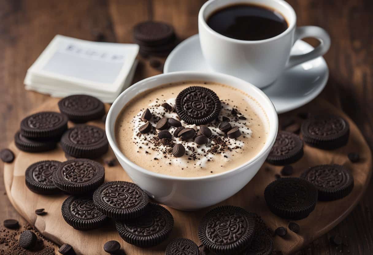 A steaming cup of cappuccino topped with crushed Oreo cookies, surrounded by a scattering of whole Oreos and a recipe card