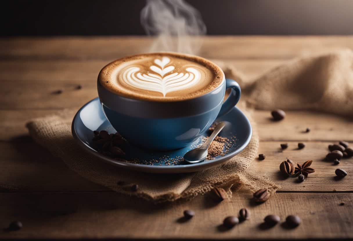 A steaming cappuccino sits on a rustic wooden table, adorned with a sprinkle of cocoa powder and a dollop of frothy milk. The rich aroma of coffee wafts through the air, inviting the viewer to savor the delicious beverage