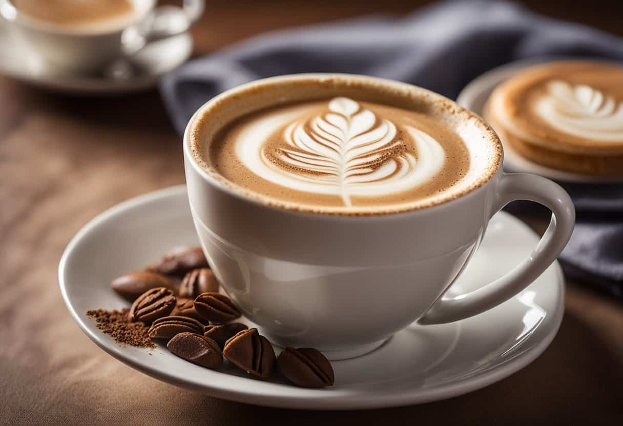 A steaming white chocolate cappuccino sits on a saucer, adorned with a delicate swirl of foam and a sprinkle of cocoa powder