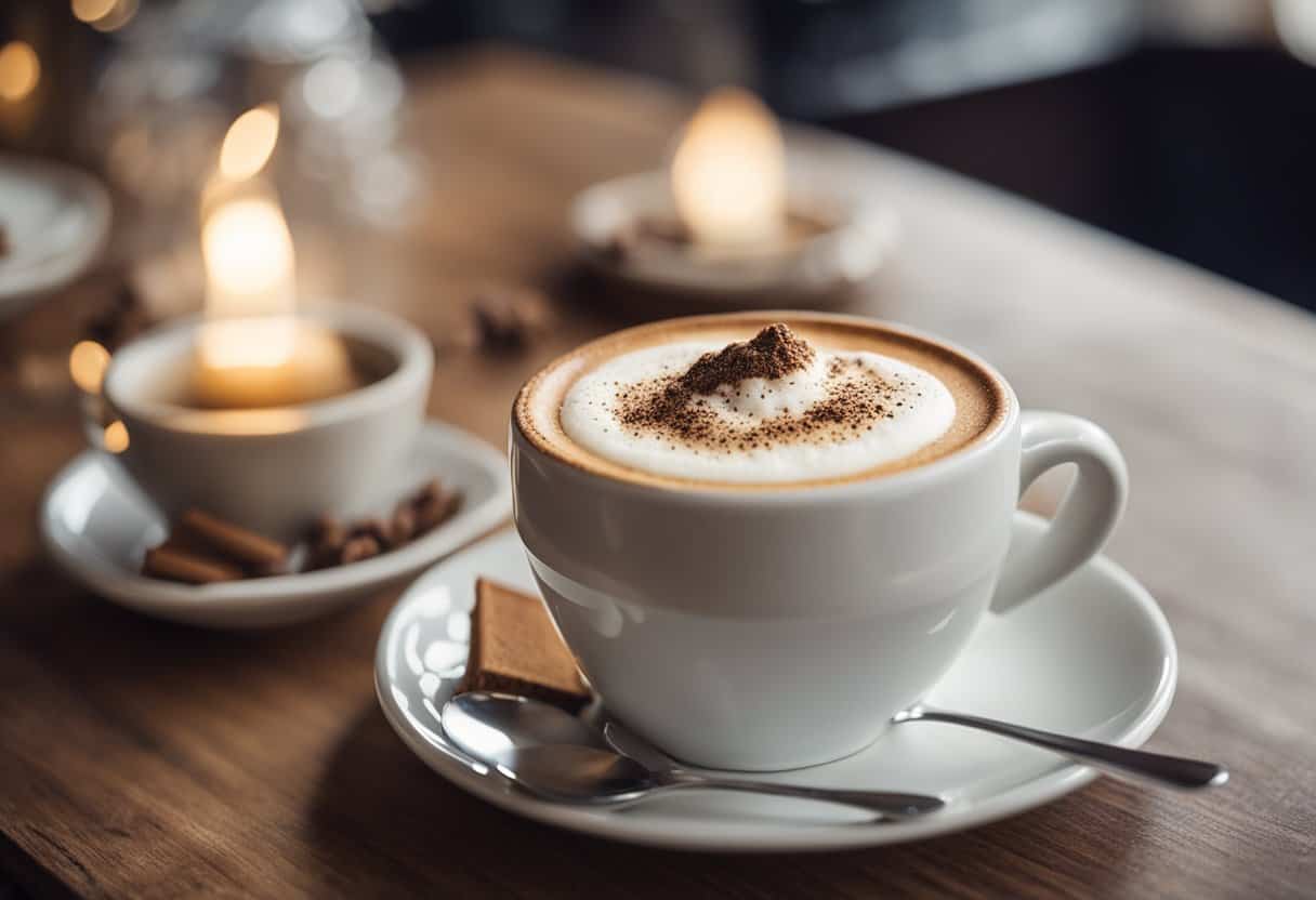 A steaming cappuccino sits on a saucer, topped with frothy white chocolate and dusted with cocoa powder, surrounded by a cozy café atmosphere