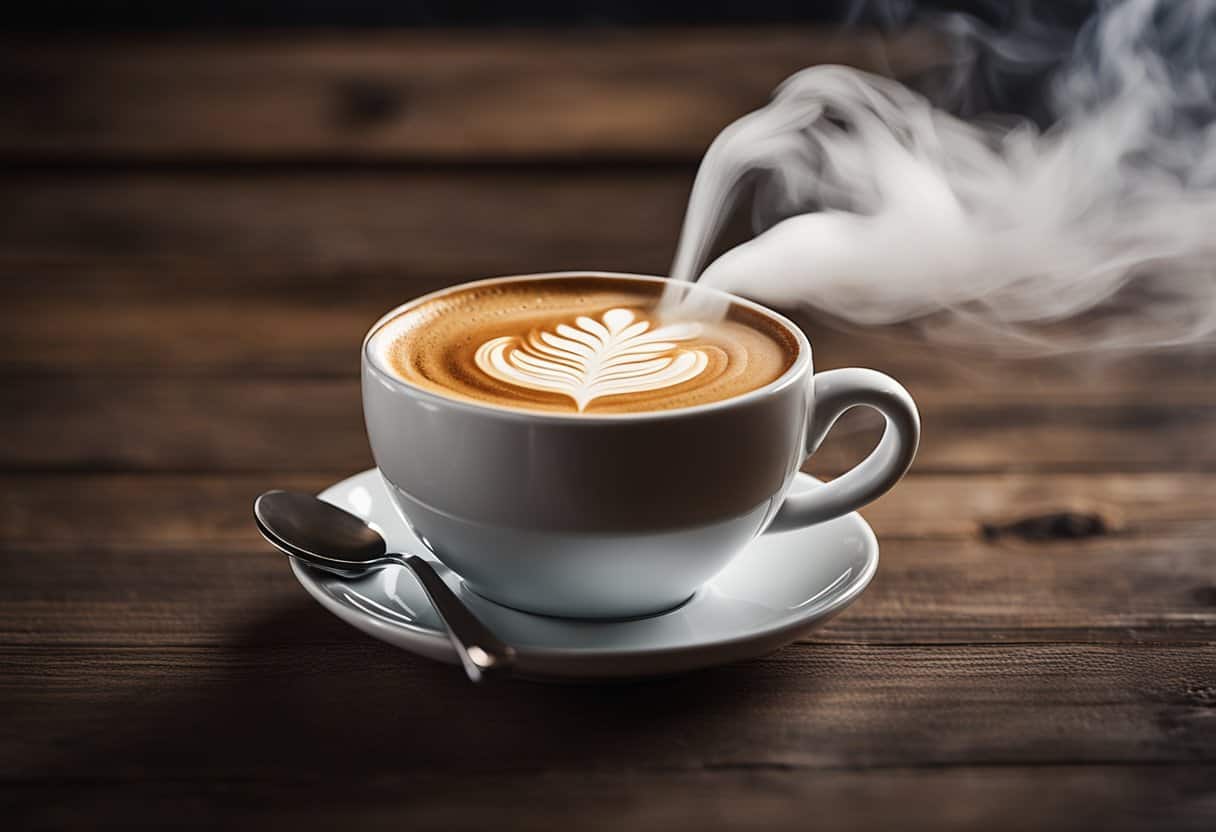 A steaming cappuccino and a bold coffee sit side by side on a rustic wooden table. The rich foam of the cappuccino contrasts with the dark intensity of the coffee, creating a visually striking composition